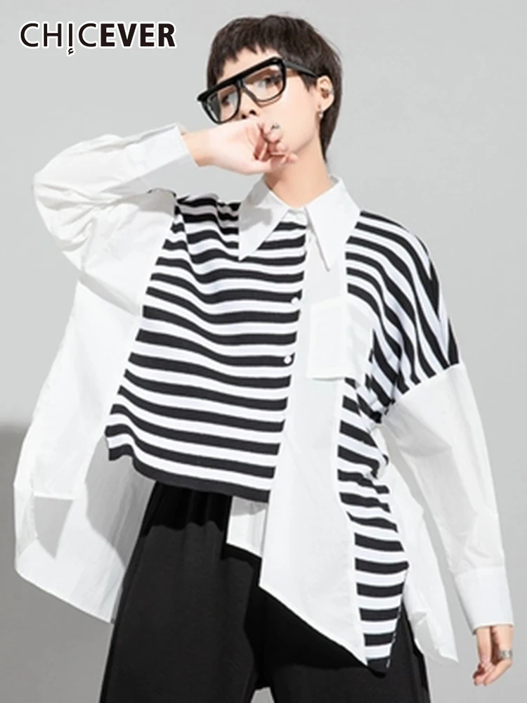 CHICEVER Striped Colorblock Shirt For Women Lapel Long Sleeve Pockets Irregular Casual Straight Blouses Female 2022 Spring Style
CHICEVER Striped Colorblock Shirt For Women Lapel Long Sleeve Pockets Irregular Casual Straight Blouses Female 2022 Spring Style
