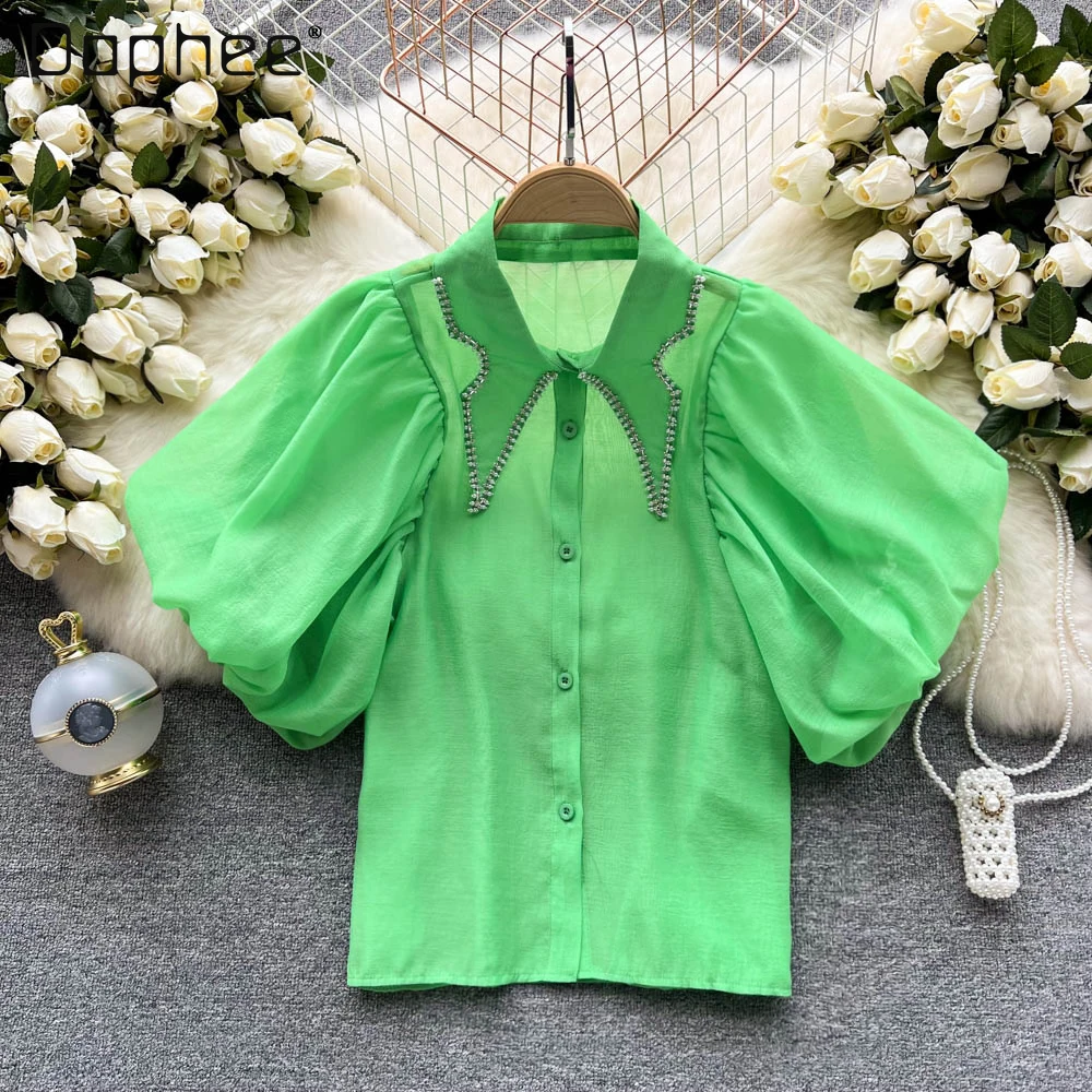 INS Green Top Women's Summer Diamond Lapel Lantern Sleeve Button Up Clothes Woman 2022 Loose Solid Color Shirts Women Fashion
INS Green Top Women's Summer Diamond Lapel Lantern Sleeve Button Up Clothes Woman 2022 Loose Solid Color Shirts Women Fashion