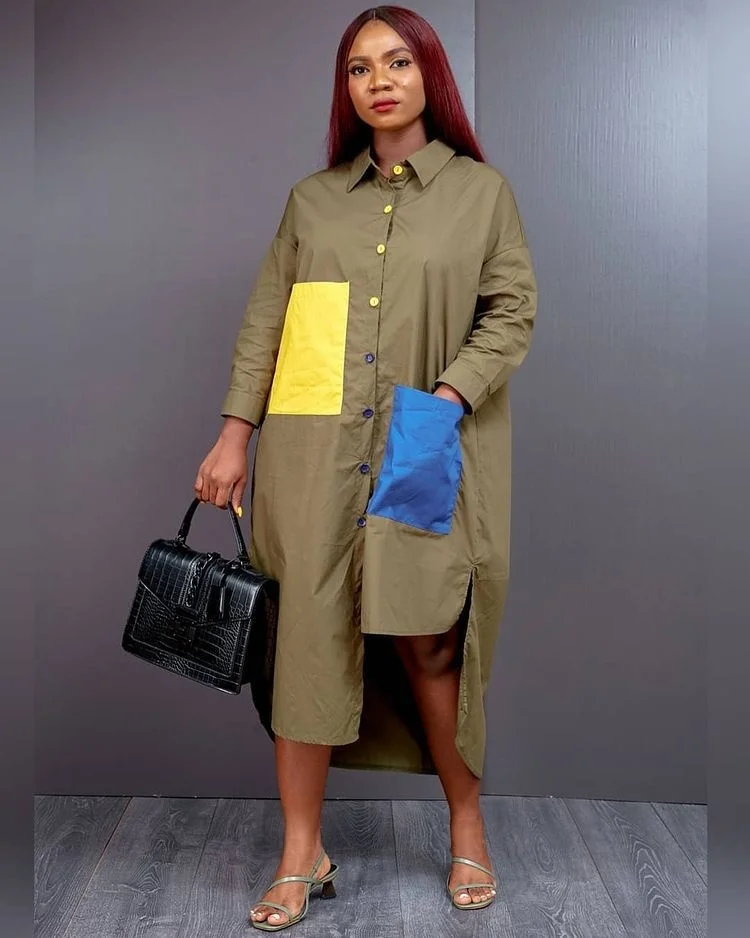Fashionable new lapel loose color contrast patchwork irregular pocket long sleeve split casual medium length shirt dress
Fashionable new lapel loose color contrast patchwork irregular pocket long sleeve split casual medium length shirt dress