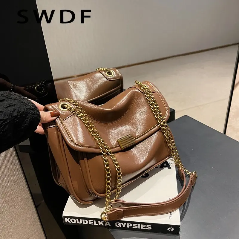 

SWDF New Women's Fashion Shoulder Bag Chain Bag Casual Shoulder Bag Oilskin Women's Bag Leather Mobile Phone Bag Messenger Bag