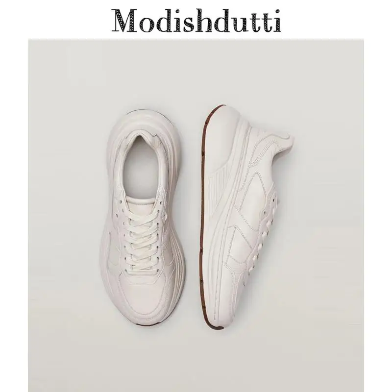 

Modishdutti 2022 Women Fashion Vintage Thick Sole Casual Vulcanized Shoes Female Solid Color Genuine Leather Lacing Sneakers