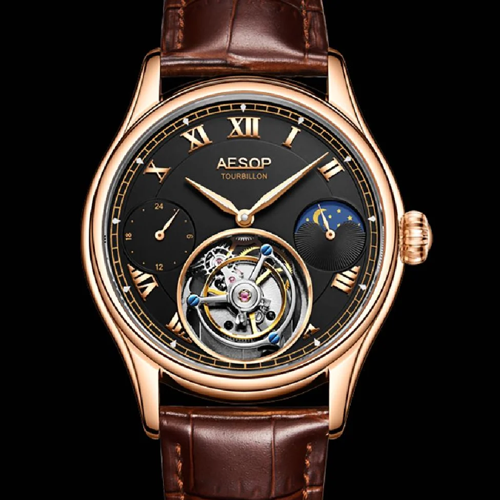 AESOP Flying Tourbillon Men's Mechanical Watch Watches Male Leather Gold Skeleton Watch for Men Man Luxury Clock Kit
AESOP Flying Tourbillon Men's Mechanical Watch Watches Male Leather Gold Skeleton Watch for Men Man Luxury Clock Kit