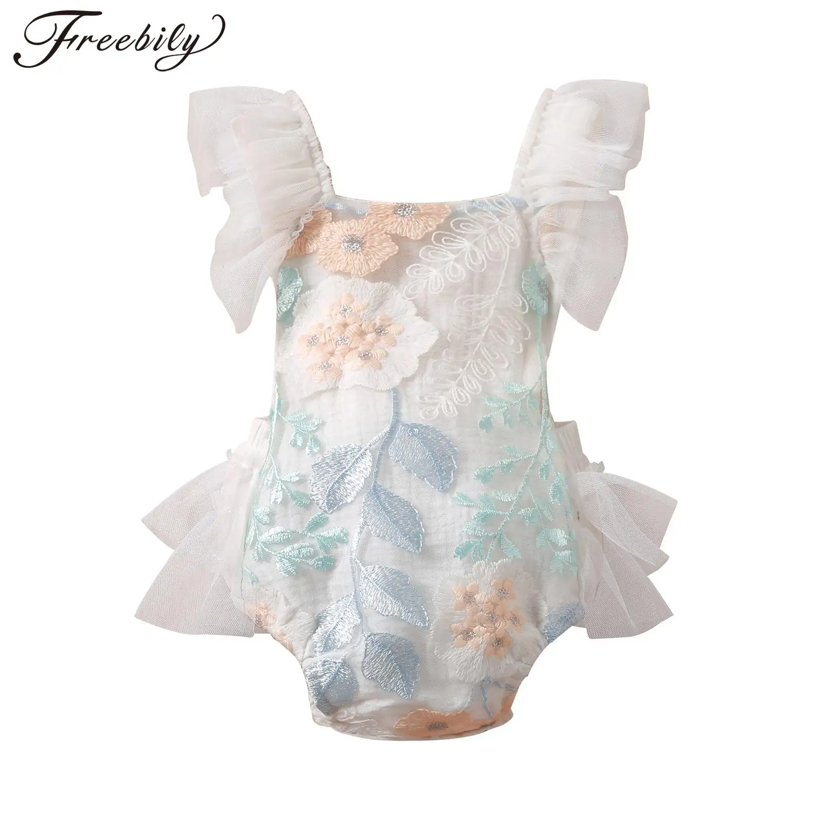 

Baby Girl Cotton Crawling Romper Infant Princess Jumpsuit Flying Sleeve Lace Mesh Flower Decorated Cutie Bodysuit