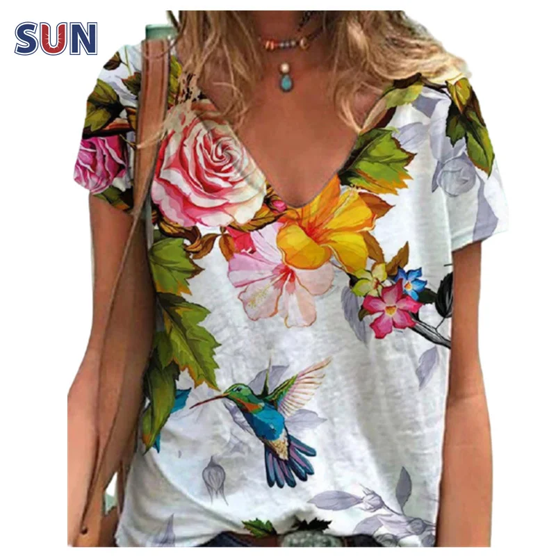 Ladies Casual Summer T-Shirts Women's Flower Print T-Shirt Tops Short Sleeves Loose V-NeckTops Women's Street Hipster Plus Size
Ladies Casual Summer T-Shirts Women's Flower Print T-Shirt Tops Short Sleeves Loose V-NeckTops Women's Street Hipster Plus Size