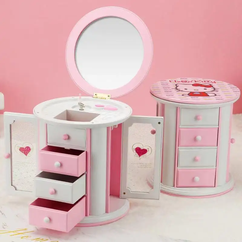 

Sanrios Hello Kitty, музыкальная шкатулка, ящик, зеркало, аниме, шкаф, гардеробная, кавайная шкатулка для хранения, мини шкатулка для украшений для девочек, рождественский подарок для девушек