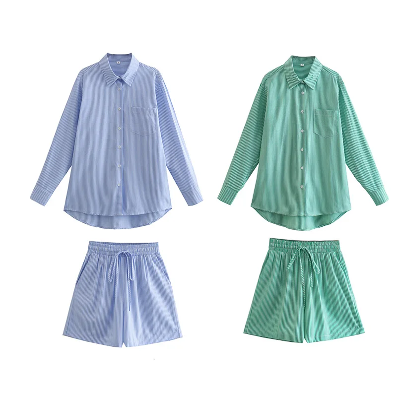 Set Woman 2 Pieces Summer Shorts Blue Green Vertical Stripe Shirts Casual Suit Loose Fashion Blouses 2022 Long Sleeves Basic
Set Woman 2 Pieces Summer Shorts Blue Green Vertical Stripe Shirts Casual Suit Loose Fashion Blouses 2022 Long Sleeves Basic