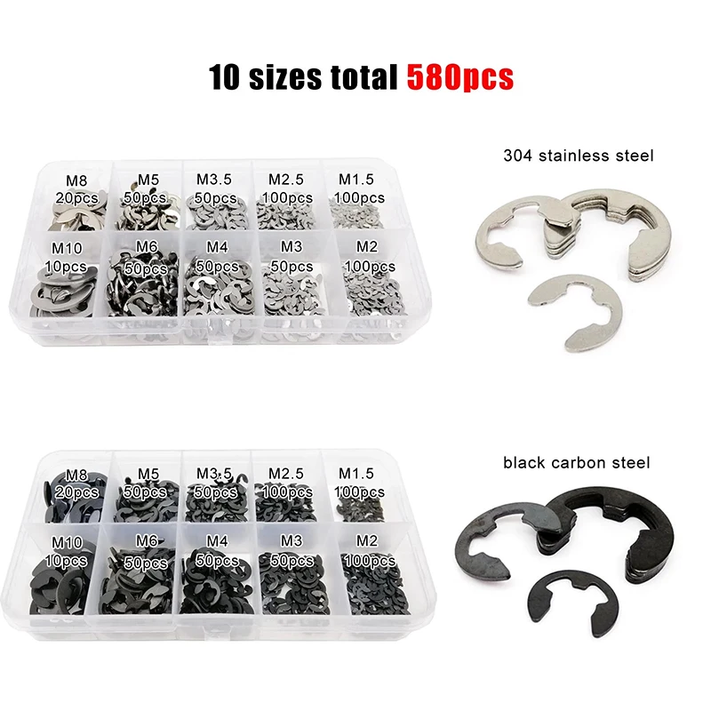 580pcs 10 Sizes E-clips External Retaining Ring E Clip Snap Circlip Washer M1.5 M2 M2.5 M3 M3.5 M4 M5 M6 M8 M10
580pcs 10 Sizes E-clips External Retaining Ring E Clip Snap Circlip Washer M1.5 M2 M2.5 M3 M3.5 M4 M5 M6 M8 M10