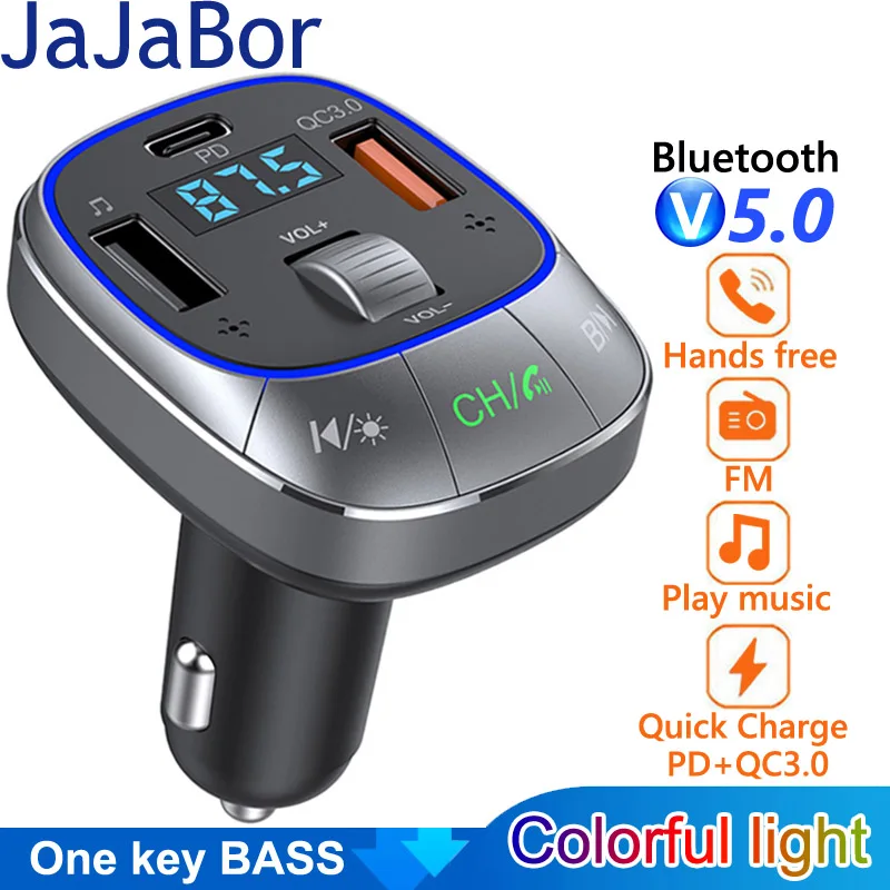 

JaJaBor Car FM Transmitter Colorful Light USB C PD 30W 2 USB QC3.0 18W Fast Charging Car Charger Handsfree Car Kit FM Modulator