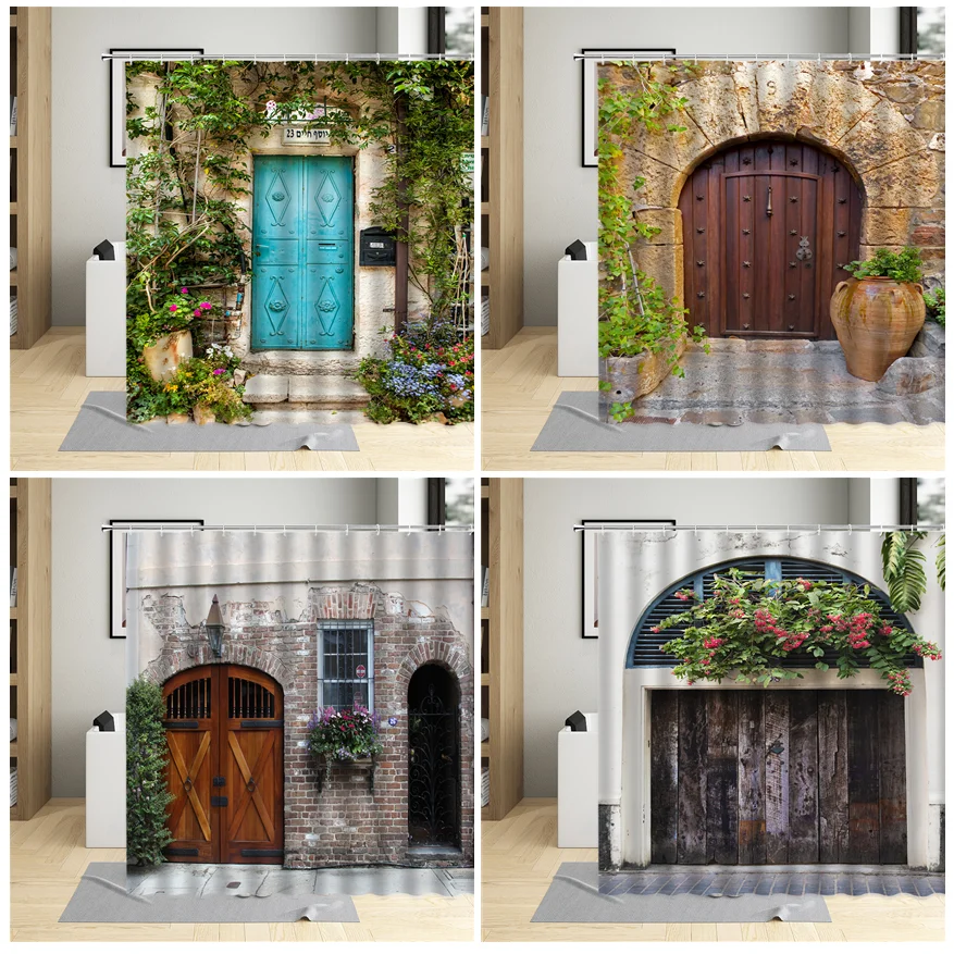 

Винтажная деревянная дверь, занавеска для душа, городской цветок, уличный вид, зеленые растения, пейзаж, каменная стена, ванная комната, комплект тканевых штор из полиэстера