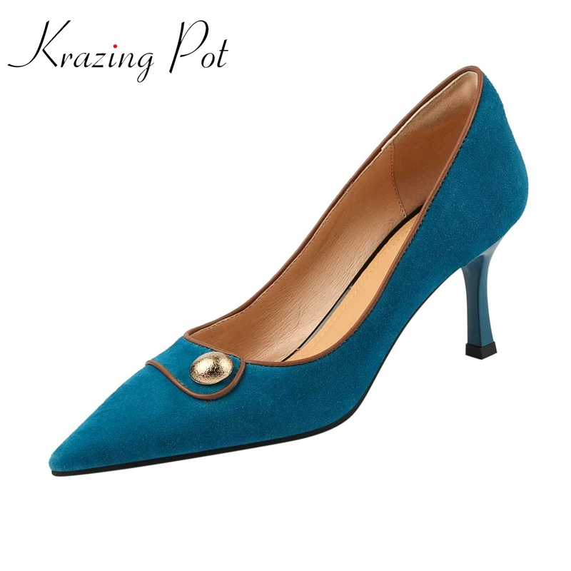 Krazing Pot new sheep suede pointed toe thin high heels metal decorations French romantic beauty lady streetwear women pumps L68
Krazing Pot new sheep suede pointed toe thin high heels metal decorations French romantic beauty lady streetwear women pumps L68