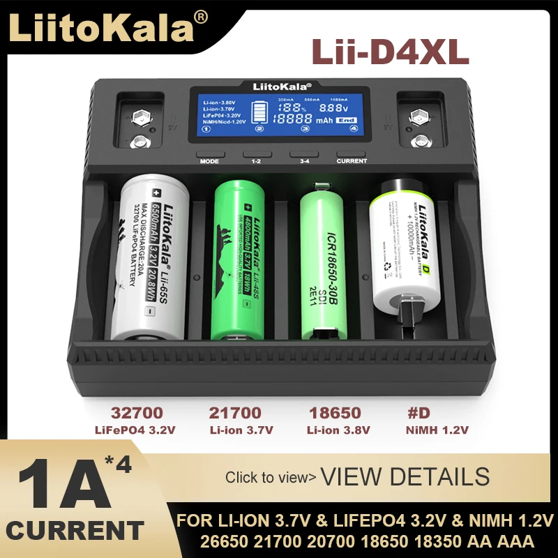 Liitokala Lii-D4XL Rechargeable Battery Charger,3.7V 18650 18350 18500 21700 26650 1.2V AA AAA D NiMH 3.2V 32700 LiFePO4 Charger
Liitokala Lii-D4XL Rechargeable Battery Charger,3.7V 18650 18350 18500 21700 26650 1.2V AA AAA D NiMH 3.2V 32700 LiFePO4 Charger