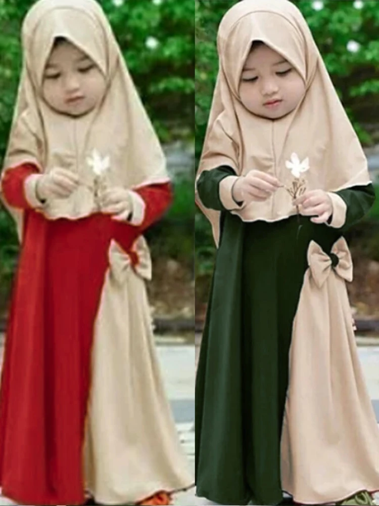 

2Pcs Muslim Ramadan Prayer Dress Abaya Sets Children Girls Eid Khimar Hijab Arab Kids Long Robe Headscarf Jilbab Kaftan Gown