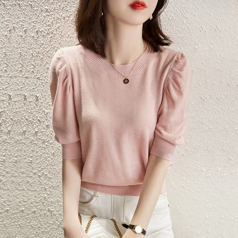 Bubble Sleeve Knitted T-shirt Thin Style Spring / Summer 2022 New Versatile Medium Sleeve Pink Top Women
Bubble Sleeve Knitted T-shirt Thin Style Spring / Summer 2022 New Versatile Medium Sleeve Pink Top Women