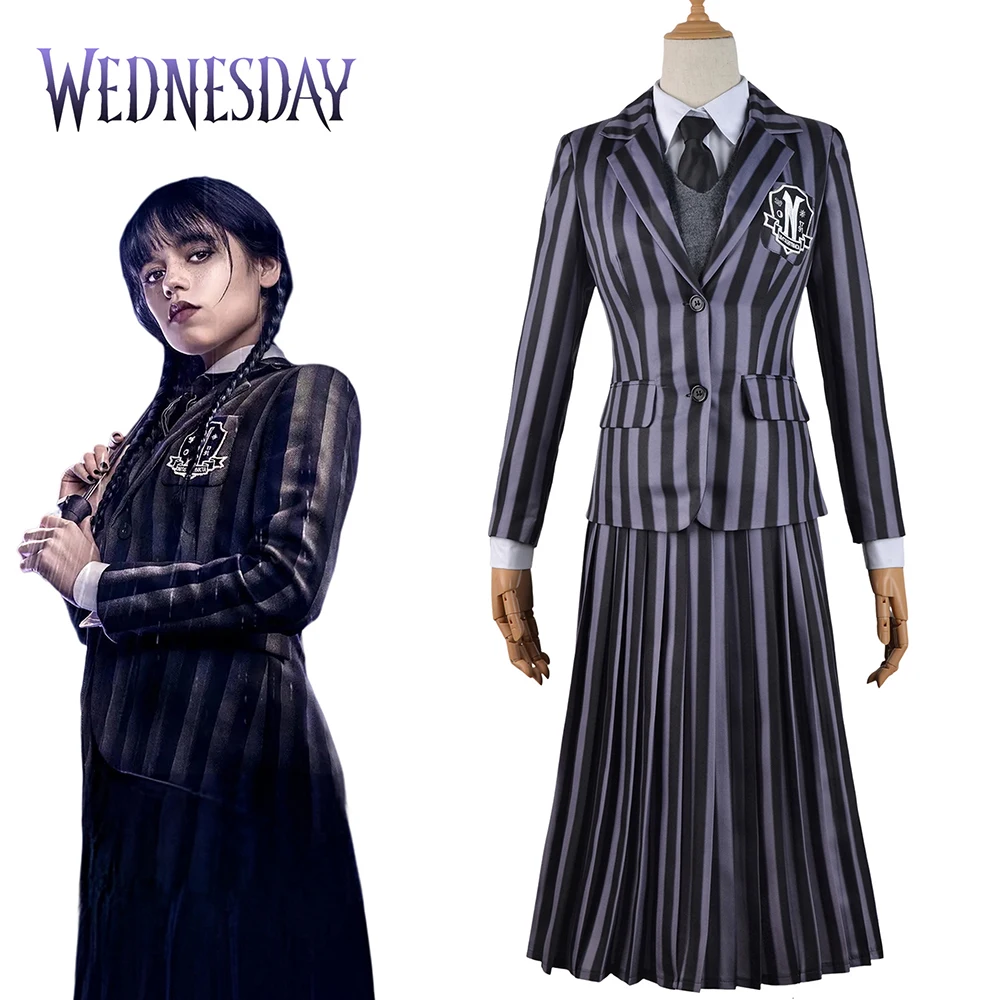 Wednesday Addams Cosplay Costume For Women Girl Striped Tie School Uniform Coat Vest Shirt Skirt Wig Set Halloween Party Clothes
Wednesday Addams Cosplay Costume For Women Girl Striped Tie School Uniform Coat Vest Shirt Skirt Wig Set Halloween Party Clothes