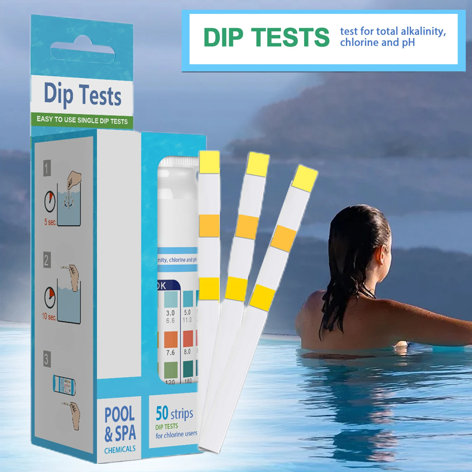

50PCS/Set Pool Test Strips 3 in 1 Spa Hot Tub Swimming Pools Test Papers for pH Total Alkalinity & Total Hardness RERI889