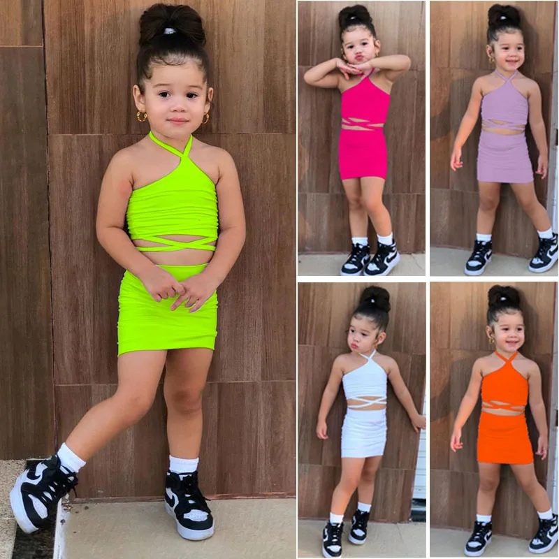 

2023 Summer Kids Clothes Sets 2 piece Criss Cross Halter Crop Tops+Skirts Suits Bandage Neon Green Skirts Sets For Girls 1-8Y