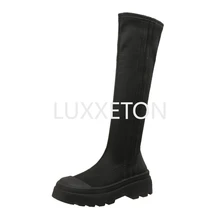 Woman‘s Over-The-Knee Knitted Boots Leather Zipper Thin Elasticity Flat-Bottomed Long High-Barrel Elastic Platform Boots Ladies