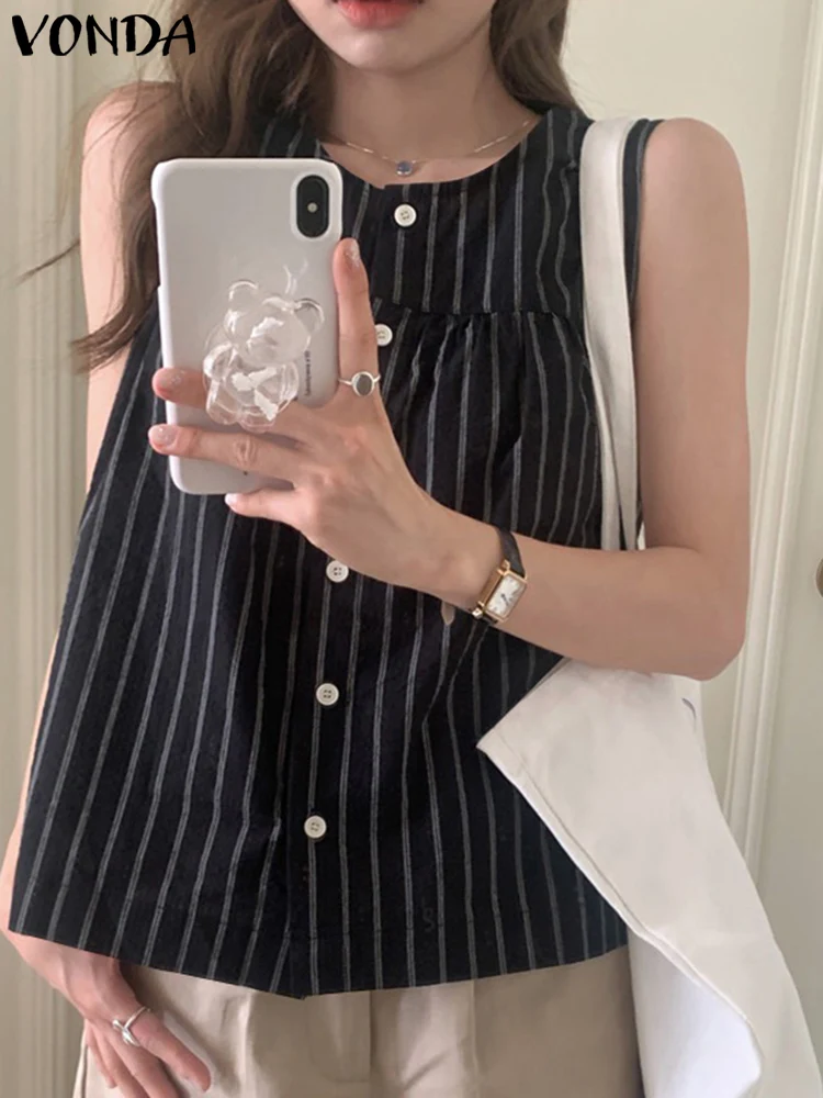 VONDA Fashion Striped Sleeveless Vintage Shirts 2023 Summer Women Tunic Top Buttons Round Neck Casual Loose Pleated Blusas Femme
VONDA Fashion Striped Sleeveless Vintage Shirts 2023 Summer Women Tunic Top Buttons Round Neck Casual Loose Pleated Blusas Femme