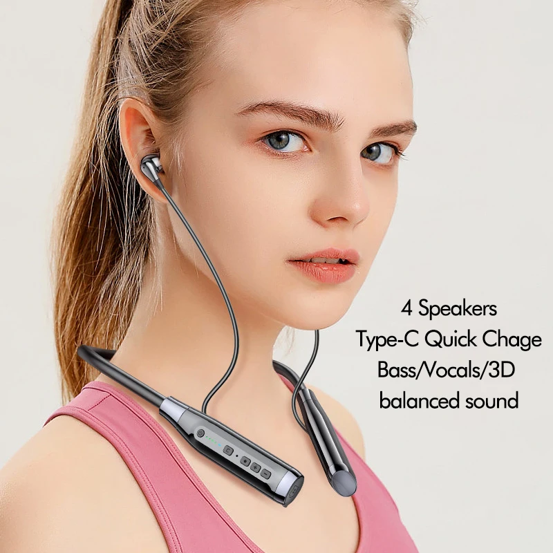 

Беспроводные Bluetooth наушники с креплением на шею, батарея 1000 мА, 4 динамика, 9D стерео, объемный бас, Спортивная гарнитура с микрофоном, TF карта