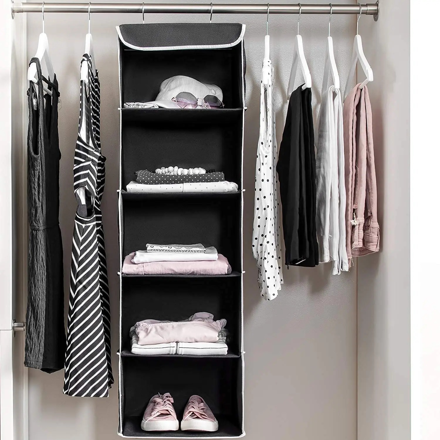 5-Shelf Hanging Closet Organizer 6 Side Mesh Pockets Breathable Polypropylene Hanging Shelves For Clothes Storage
5-Shelf Hanging Closet Organizer 6 Side Mesh Pockets Breathable Polypropylene Hanging Shelves For Clothes Storage