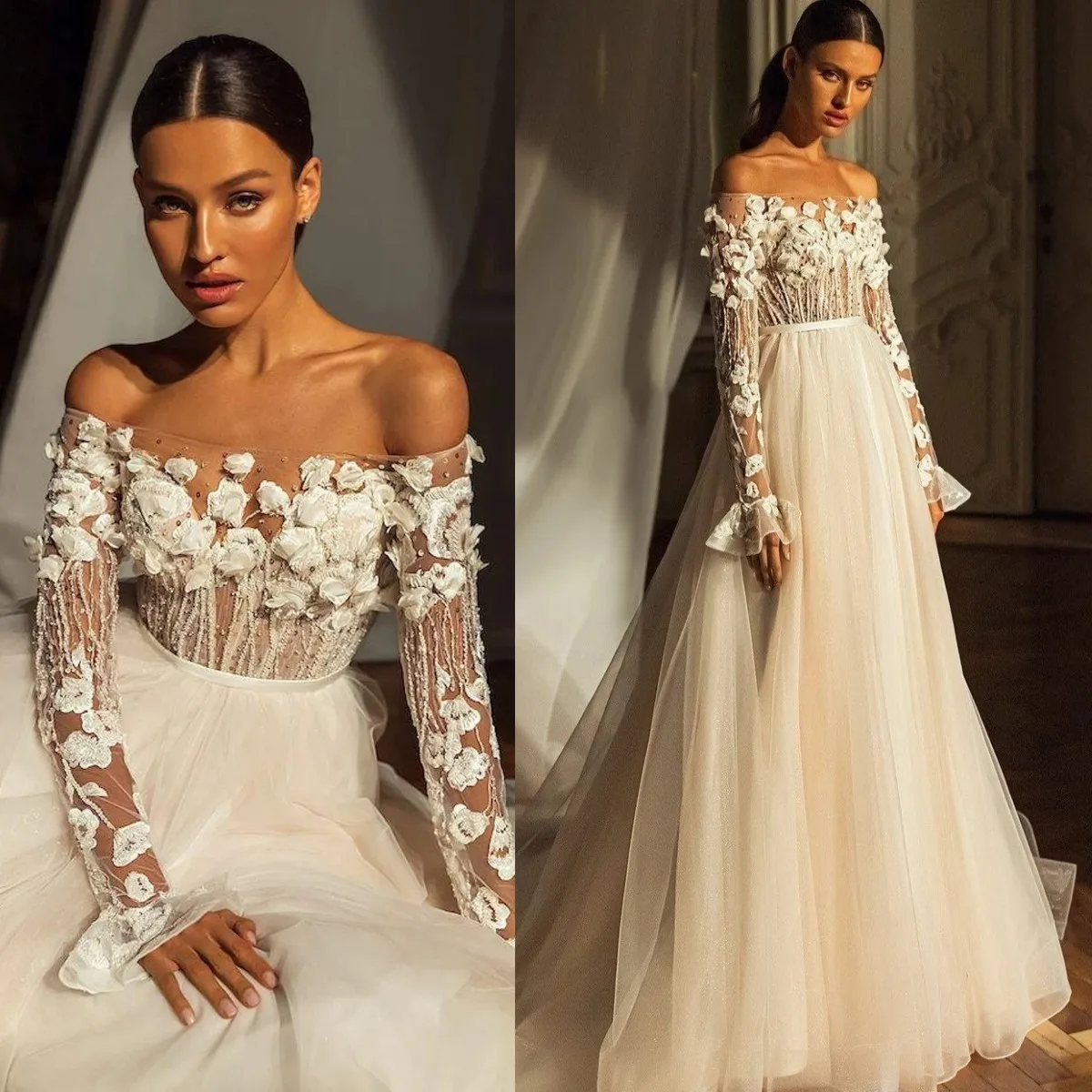 Beach Boho A-Line Wedding Dress Off Shoulder Lace 3D Floral Applique Bridal Gown Sequined Long Sleeve Sweep Train Robe De Soriee
Beach Boho A-Line Wedding Dress Off Shoulder Lace 3D Floral Applique Bridal Gown Sequined Long Sleeve Sweep Train Robe De Soriee
