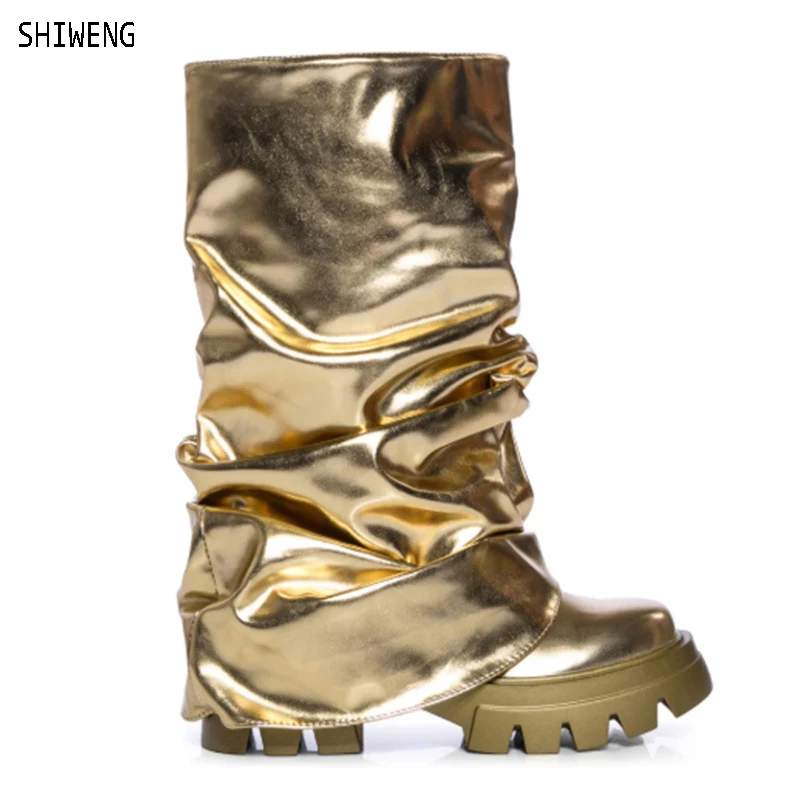 2023 New Round ToeThick Bottom Mid Salf Boots Gold Silver Folds One Pedal Large Size Fashion Catwalk Women's Trousers Boots 44
2023 New Round ToeThick Bottom Mid Salf Boots Gold Silver Folds One Pedal Large Size Fashion Catwalk Women's Trousers Boots 44