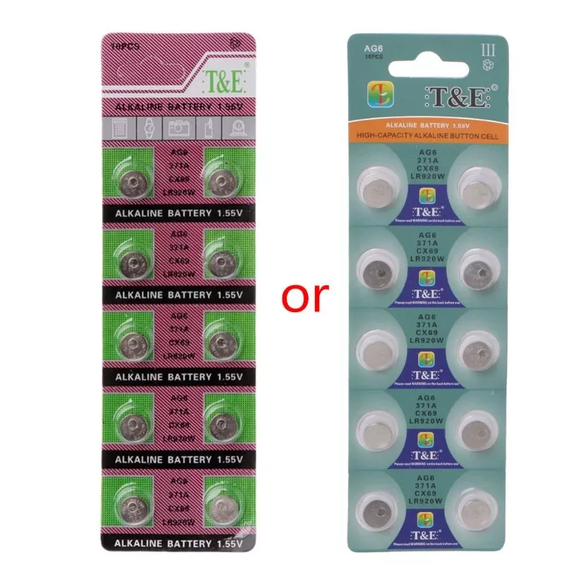 NEW 10PCS Alkaline Battery AG6 1.55V Button Coin Cell 371 SR920SW LR920 SR927 171 370 L921 LR69 SR920 Watch Batteries
NEW 10PCS Alkaline Battery AG6 1.55V Button Coin Cell 371 SR920SW LR920 SR927 171 370 L921 LR69 SR920 Watch Batteries