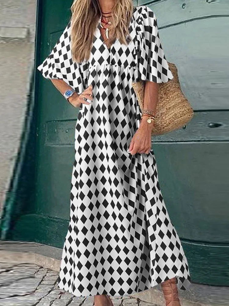 Ladies Fashion Half Sleeve Pullover Dress Retro Square Print Long Dress Summer Women Casual Lantern Sleeve V Neck Loose Dresses
Ladies Fashion Half Sleeve Pullover Dress Retro Square Print Long Dress Summer Women Casual Lantern Sleeve V Neck Loose Dresses