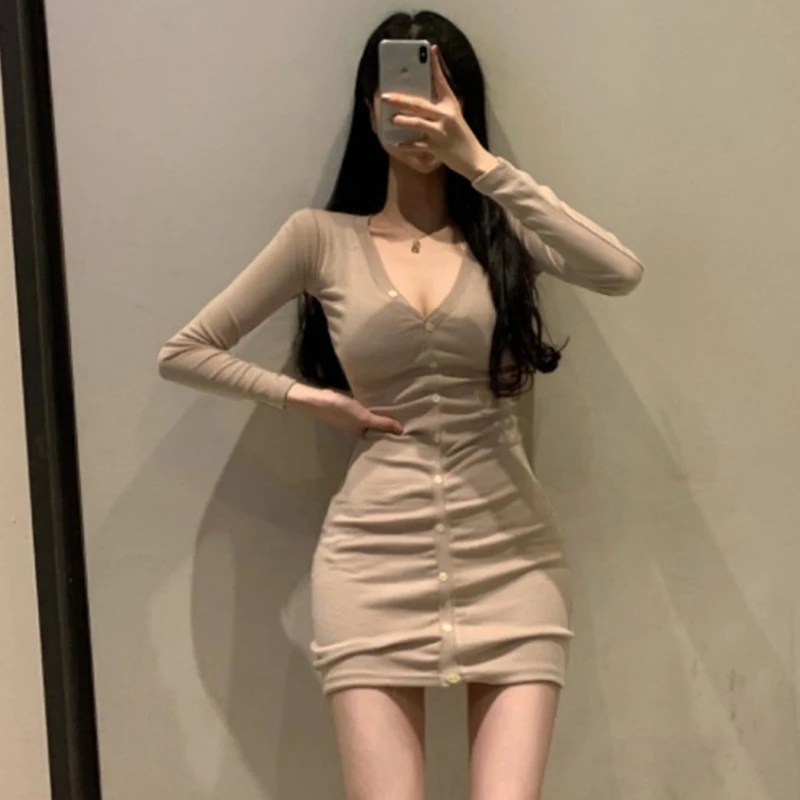 Women's Mini Dresses Spring New Fashion Long Sleeve V Neck Slim Thin Vestidos De Mujer Casual Button Solid Sexy Roupas Femininas
Women's Mini Dresses Spring New Fashion Long Sleeve V Neck Slim Thin Vestidos De Mujer Casual Button Solid Sexy Roupas Femininas