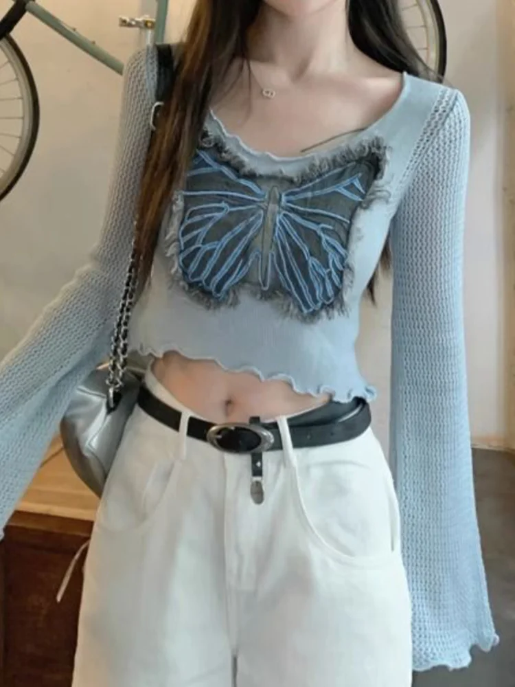 Женский винтажный пуловер в стиле Харадзюку, Короткий трикотажный свитер с рукавами-фонариками и вышивкой-бабочкой, Y2K
Женский винтажный пуловер в стиле Харадзюку, Короткий трикотажный свитер с рукавами-фонариками и вышивкой-бабочкой, Y2K