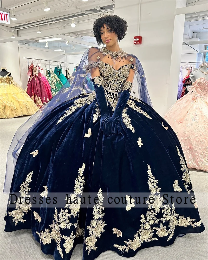 New Arrivals Navy Blue Velvet Ball Gown Quinceanera Dress 2023 Luxury Gold Lace Appliques Cape Gloves Beaded Sweet 16 Dress 
New Arrivals Navy Blue Velvet Ball Gown Quinceanera Dress 2023 Luxury Gold Lace Appliques Cape Gloves Beaded Sweet 16 Dress