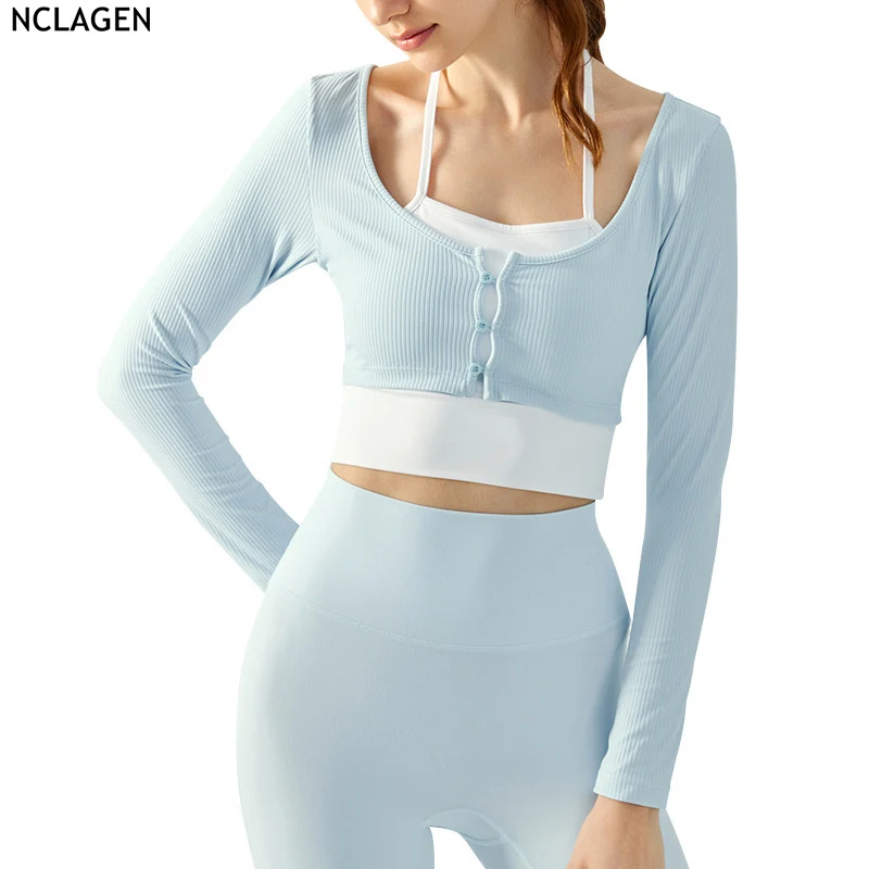 NCLAGEN Hanging Neck Yoga Long Sleeved Shirts Women's Half Fixed Cup Front Chest Button Autumn/Winter Sports Clothes Running
NCLAGEN Hanging Neck Yoga Long Sleeved Shirts Women's Half Fixed Cup Front Chest Button Autumn/Winter Sports Clothes Running