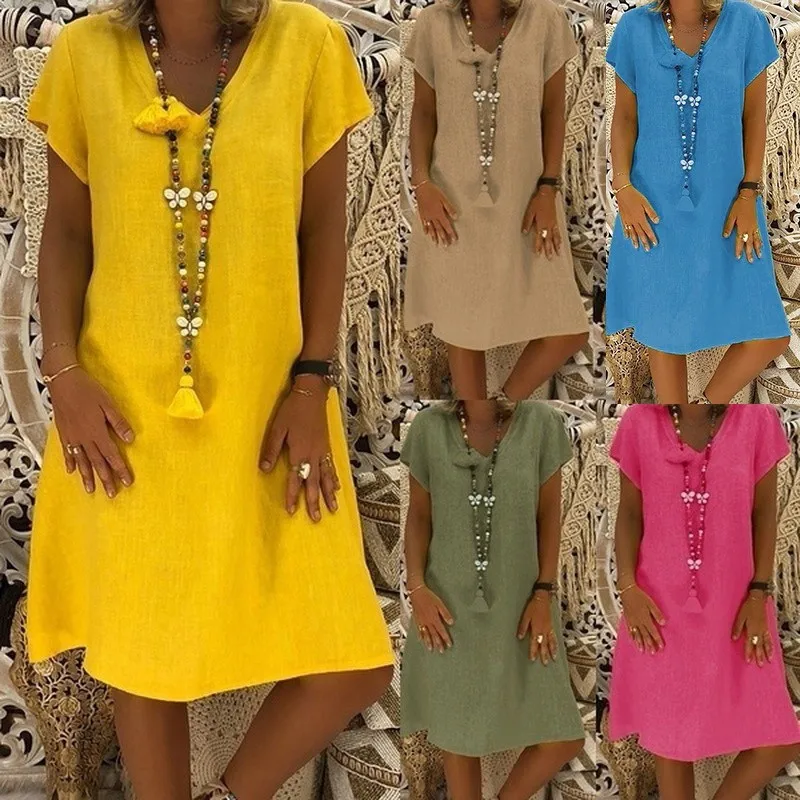 Boho Cotton Linen Dress Women Summer 2023 Short Sleeve V-Neck Tops Casual Loose Dress Female Street T-shirt Dress Vestidos
Boho Cotton Linen Dress Women Summer 2023 Short Sleeve V-Neck Tops Casual Loose Dress Female Street T-shirt Dress Vestidos