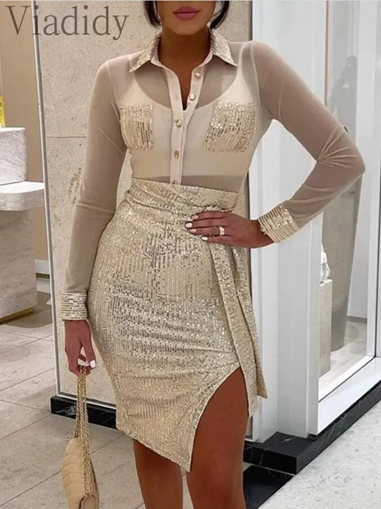 Women Sexy Sheer Mesh Long Sleeve Button Blouse and Split Sequin Irregular Skirt 2pcs Set
Women Sexy Sheer Mesh Long Sleeve Button Blouse and Split Sequin Irregular Skirt 2pcs Set