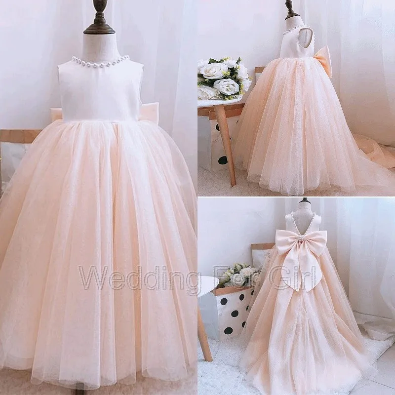 

Champagne Real Image Girl Pageant GownsTulle Party Pearl Bow Flower Girl Dress First Communion Dress Little Bride Wedding Dress