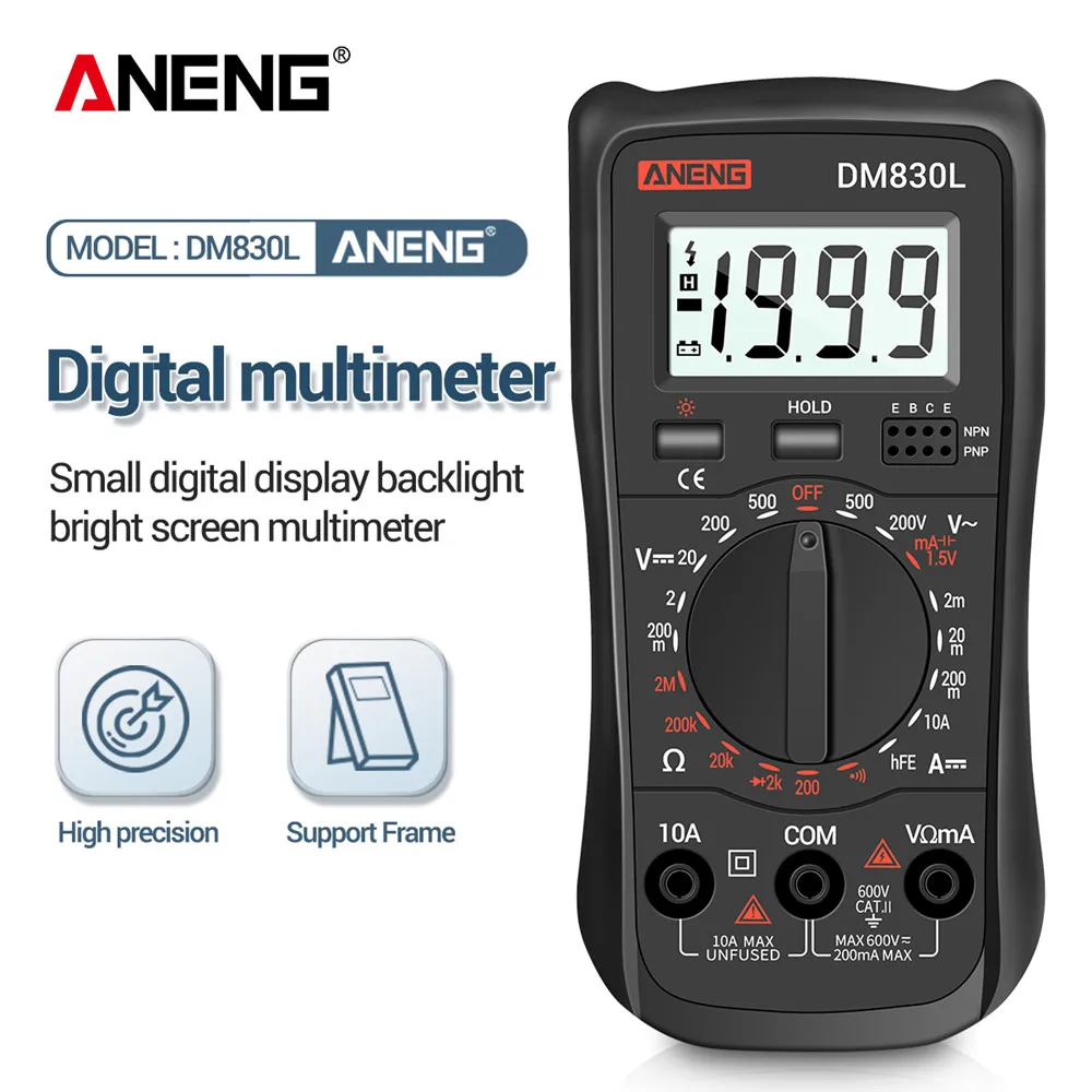 ANENG DM830L Tester Meter Capacitance Meter LCD Backlight Digital Multimeter 1999 Counts Transistor Capacitor
ANENG DM830L Tester Meter Capacitance Meter LCD Backlight Digital Multimeter 1999 Counts Transistor Capacitor