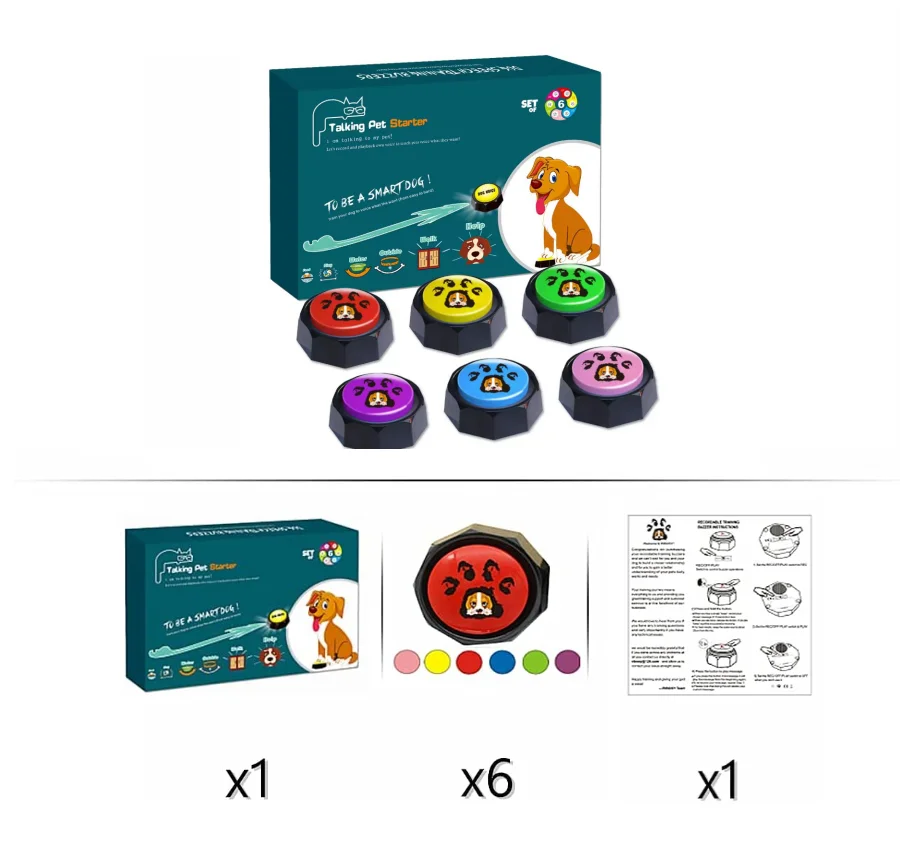 RIBOSY Set of 6 Dog Talking Button Speech Training Buzzer-Record& Playback Your Own Voice to Train Your Dog Voice What They Want
RIBOSY Set of 6 Dog Talking Button Speech Training Buzzer-Record& Playback Your Own Voice to Train Your Dog Voice What They Want