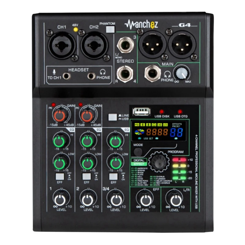 G4 Sound Card Audio Mixer Sound Board Console Desk System Interface 4 Channel USB Bluetooth 88 Mixing Effects
G4 Sound Card Audio Mixer Sound Board Console Desk System Interface 4 Channel USB Bluetooth 88 Mixing Effects