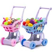 Shopping Trolley Cart Supermarket Trolley Push Car Toys Basket Mini Simulation Fruit Food Pretend Play Toy for Children