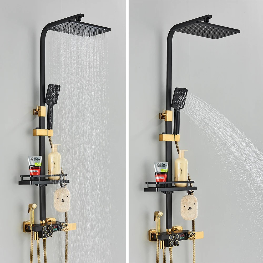 

Black Gold Bathroom Faucet Brass LCD Thermostatic Mixer Shower Set with Bidet and Bathtub Spout Tap Wall Mount Rainfall System