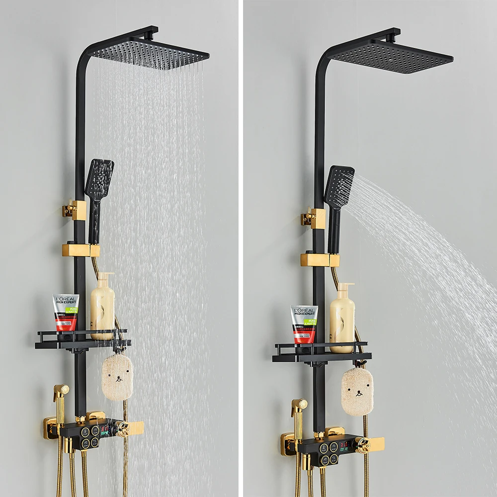Black Gold Bathroom Faucet Brass LCD Thermostatic Mixer Shower Set with Bidet and Bathtub Spout Tap Wall Mount Rainfall System
Black Gold Bathroom Faucet Brass LCD Thermostatic Mixer Shower Set with Bidet and Bathtub Spout Tap Wall Mount Rainfall System