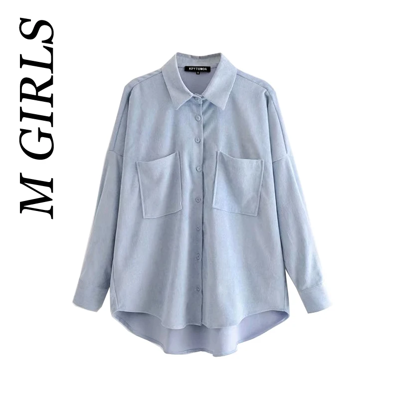 

M GIRLS Women Fashion With Pockets Oversized Corduroy Shirts Vintage Long Sleeve Asymmetric Loose Female Blouses Chic Tops