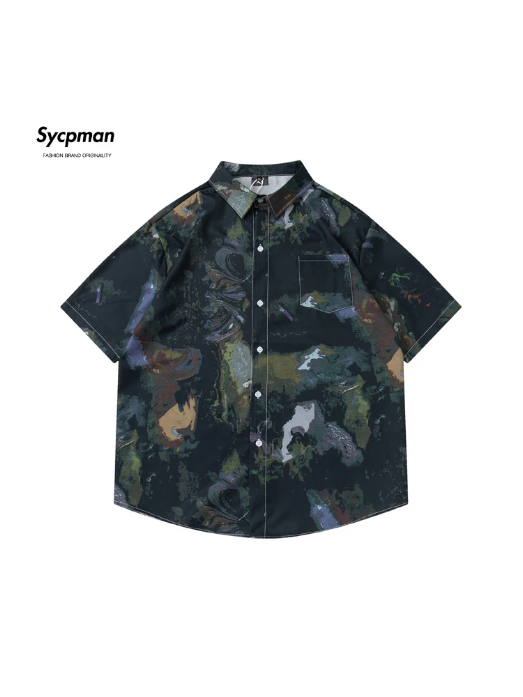 

Рубашка Sycpman мужская с коротким рукавом, винтажная уличная одежда с принтом масляной живописи, модная Свободная Повседневная сорочка для пар, на лето