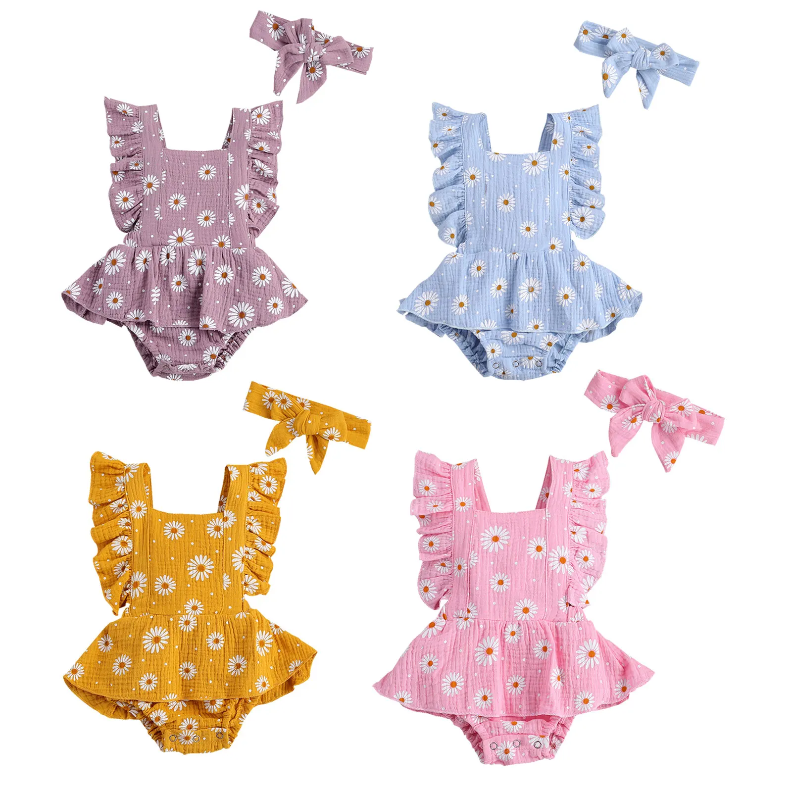 

Toddler Girls Romper Floral Top Summer Sleeveless Pleated Crotch Buttons Skirt Flouncing Bowknot Headband for 0-24Months