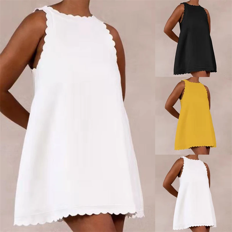 Summer Cotton Linen Mini Dress Women Solid Color Sleeveless Ruffles Dress Casual O-Neck Loose Tank Beach Dresses Sundress 2022
Summer Cotton Linen Mini Dress Women Solid Color Sleeveless Ruffles Dress Casual O-Neck Loose Tank Beach Dresses Sundress 2022
