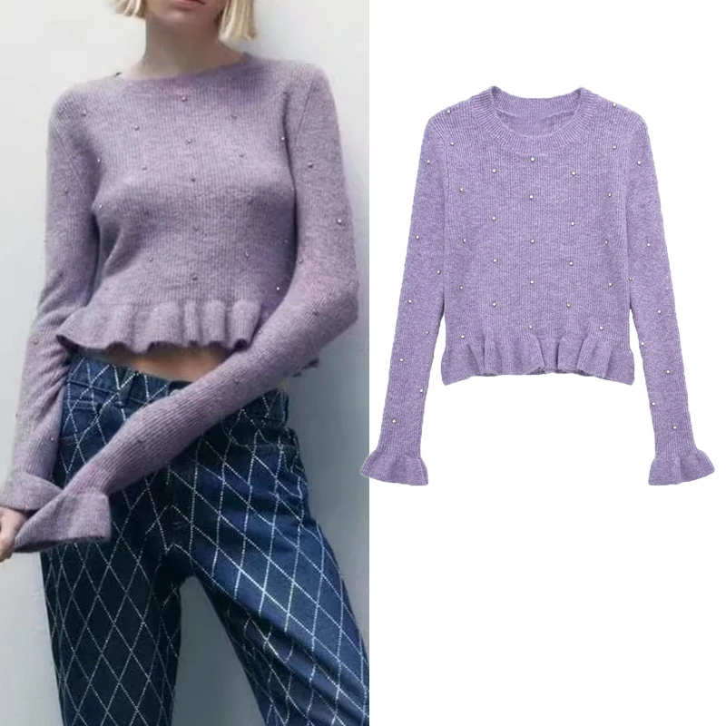 Autumn Winter 2022 New Long-Sleeved Diamond-Encrusted Round Neck Ruffled Short Slim Fashion Sweater Women
Autumn Winter 2022 New Long-Sleeved Diamond-Encrusted Round Neck Ruffled Short Slim Fashion Sweater Women