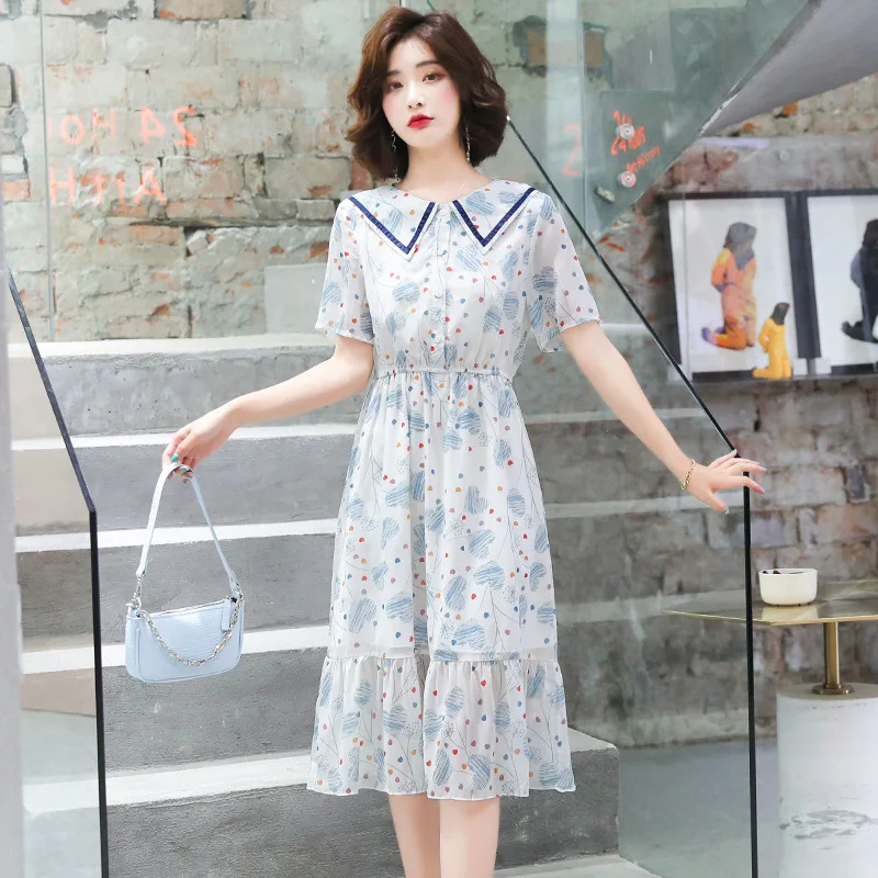2022 Summer Female Fashion France Style Floral Pirnt Dress Womne's Elegant Peter Pan Collar Short Sleeve Chiffon Slim Dresses 
2022 Summer Female Fashion France Style Floral Pirnt Dress Womne's Elegant Peter Pan Collar Short Sleeve Chiffon Slim Dresses