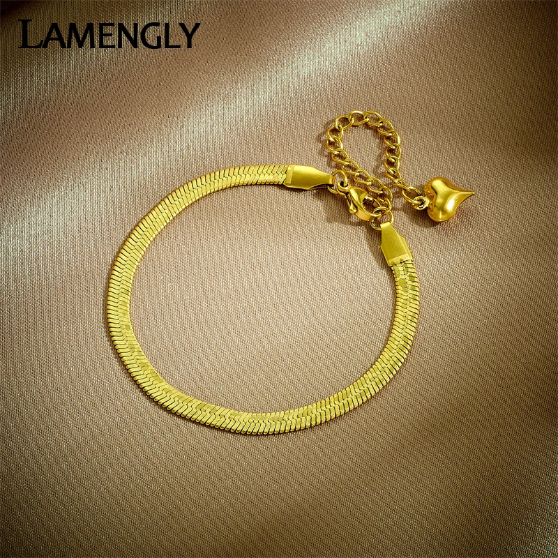 LAMENGLY 316L Stainless Steel Gold Color Flat Snake Bone Chain Bracelet For Women New Trends Girls Wrist Jewelry Party Gifts
LAMENGLY 316L Stainless Steel Gold Color Flat Snake Bone Chain Bracelet For Women New Trends Girls Wrist Jewelry Party Gifts