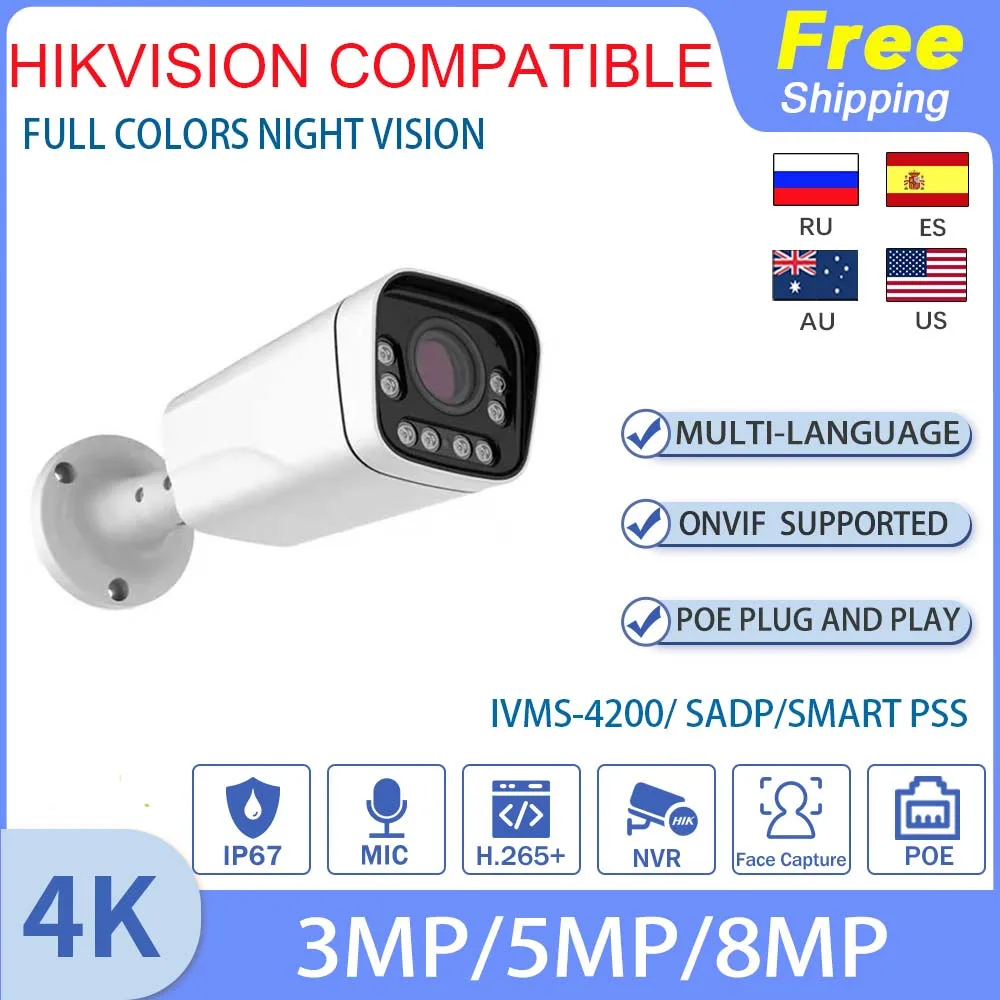 Hikvision Compatible IMX415 4K 8MP Bullet IP Camera Full Color Vision POE CCTV for Surveillance Home Security Motion Detection
Hikvision Compatible IMX415 4K 8MP Bullet IP Camera Full Color Vision POE CCTV for Surveillance Home Security Motion Detection