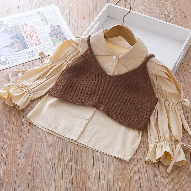 Children Spring Autumn Shirts Tops 2023 New Girls Drawstring Bubble Sleeve Shirts Knitted Sling Two Piece Set Cotton Clothes
Children Spring Autumn Shirts Tops 2023 New Girls Drawstring Bubble Sleeve Shirts Knitted Sling Two Piece Set Cotton Clothes
